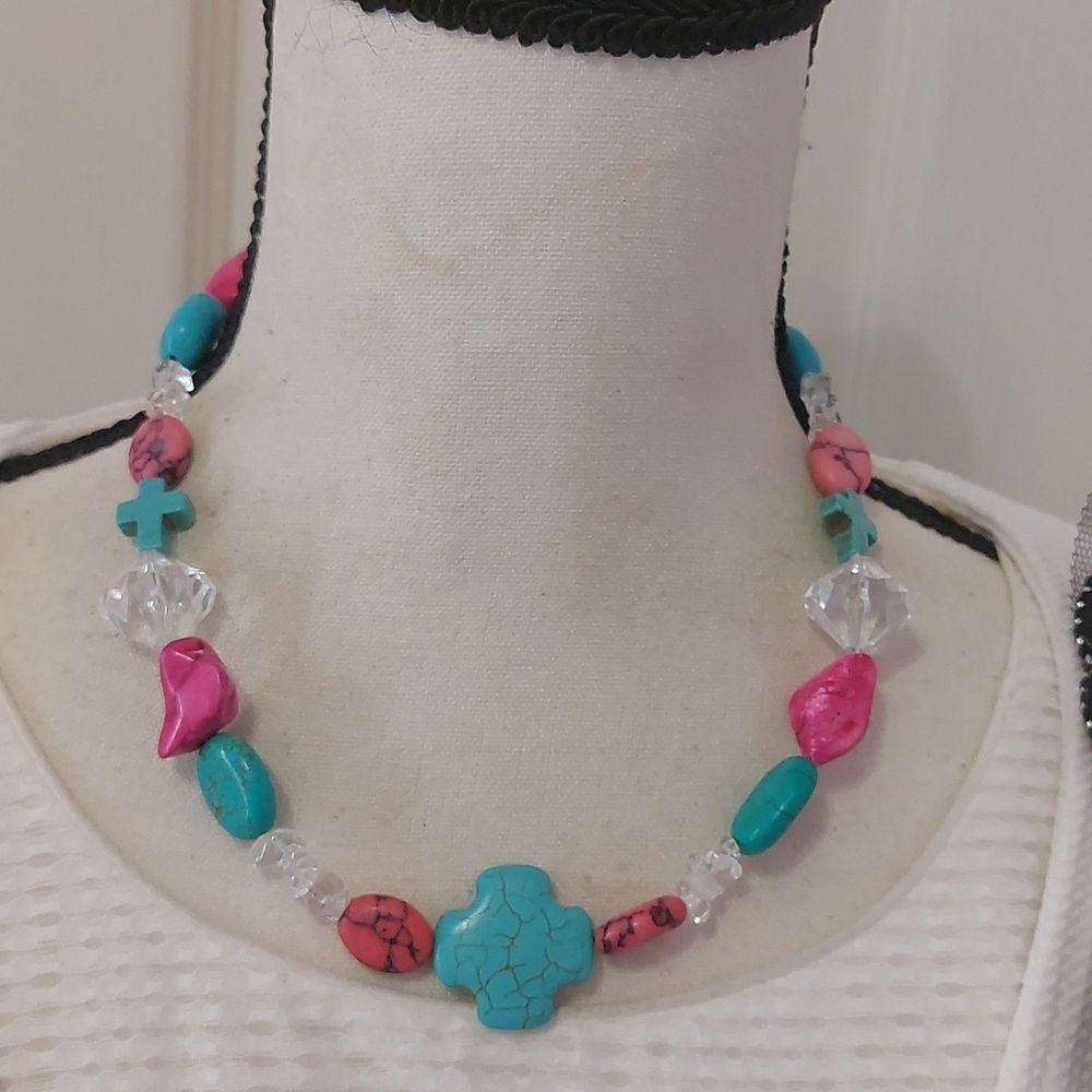 Faux Turquoise Dyed Howlite and Clear Crystal Cross Station Choker Necklace